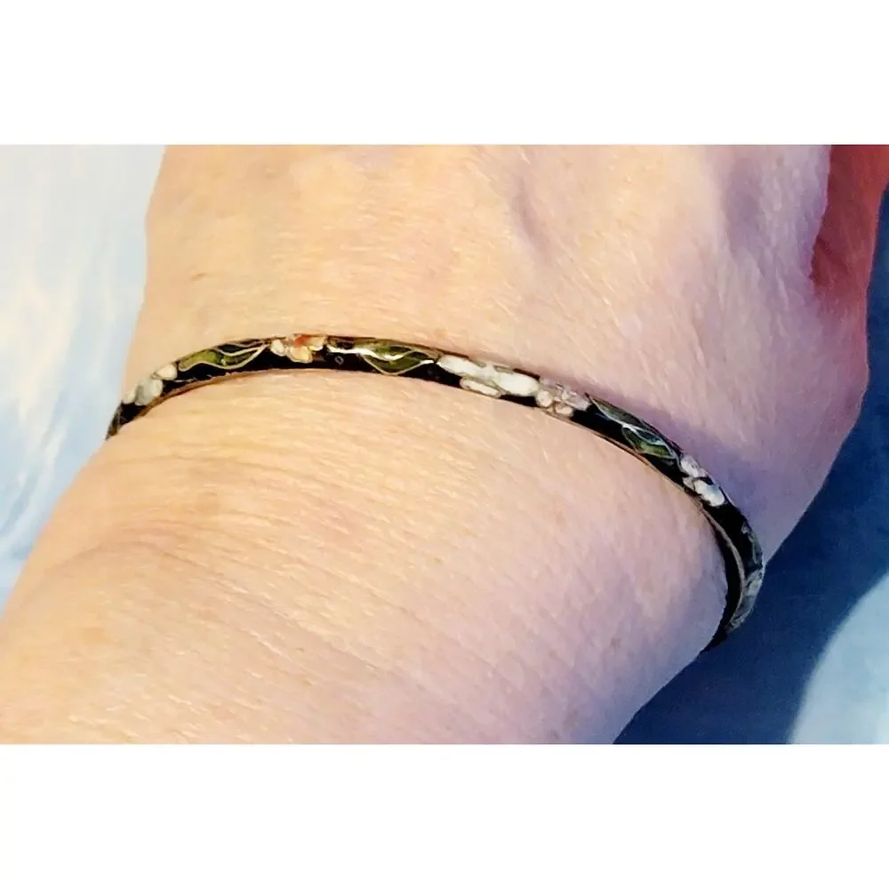 Vintage Boho Cloisonné Bangle Bracelet Black Floral Enamel 2.75